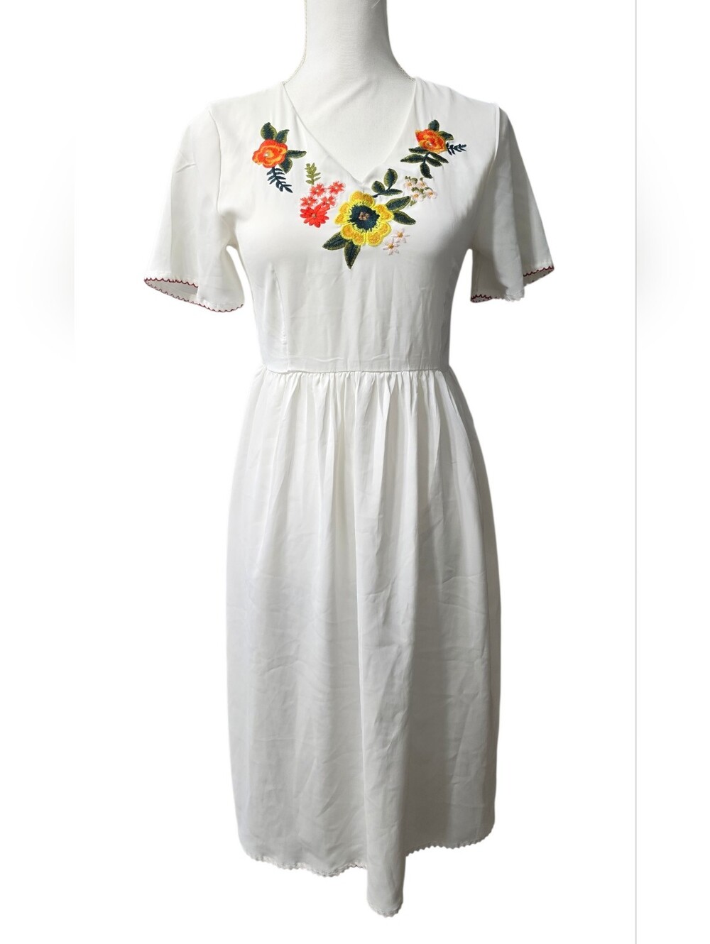 White Floral Embroidered Midi Dress